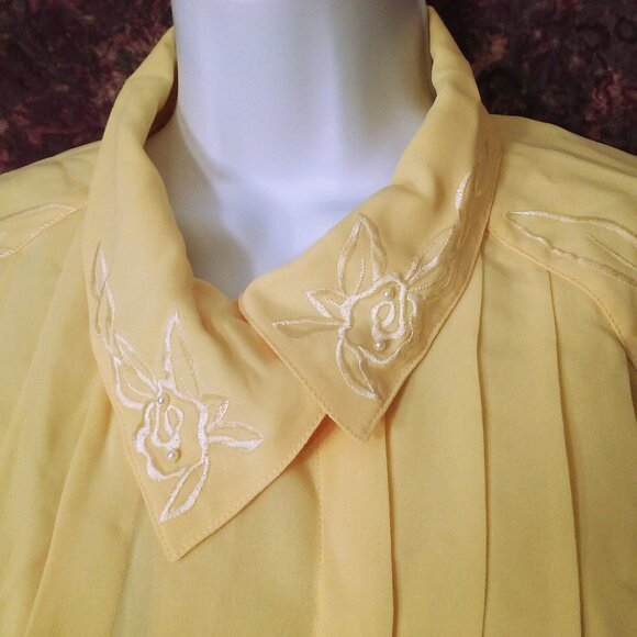 Vintage 80s Allison Smith Sheer Pleated Blouse Top -16 Flower Beads Yellow Flaws - Picture 6 of 9